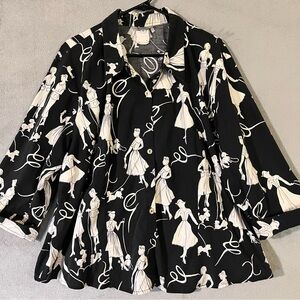 Stonebridge Vtg Retro Poodle Print Blouse Black White Womens Plus 3X Button Up